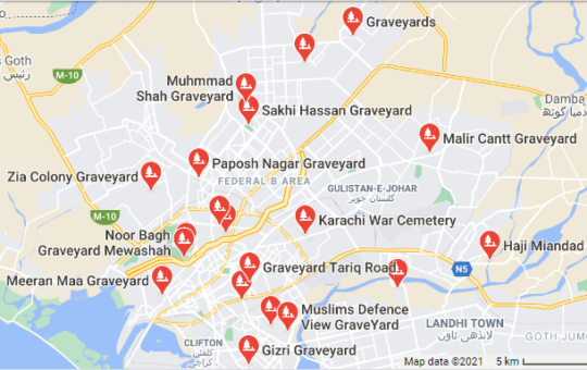 Rich results on Google SERP when searching for 'Graveyards in Karachi'